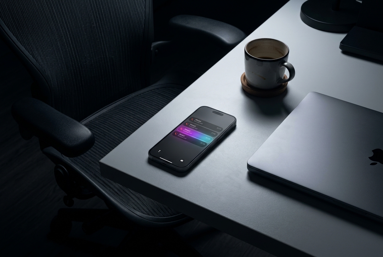 An empty workspace at night with a phone showing missed calls — the cost of a quiet office.
